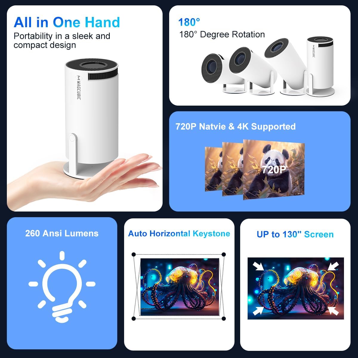 Mini Proyector Portátil Magcubic 4K 1080P Full HD, Android 11, WiFi 5G, BT 5.0, 8000 Lúmenes, Corrección Automática, Giratorio 180°